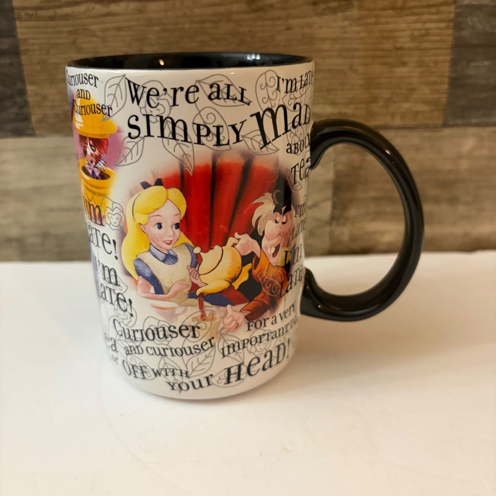 Disney Parks Alice in Wonderland Mad Hatter Cheshire Cat Coffee Mug Black Wrap